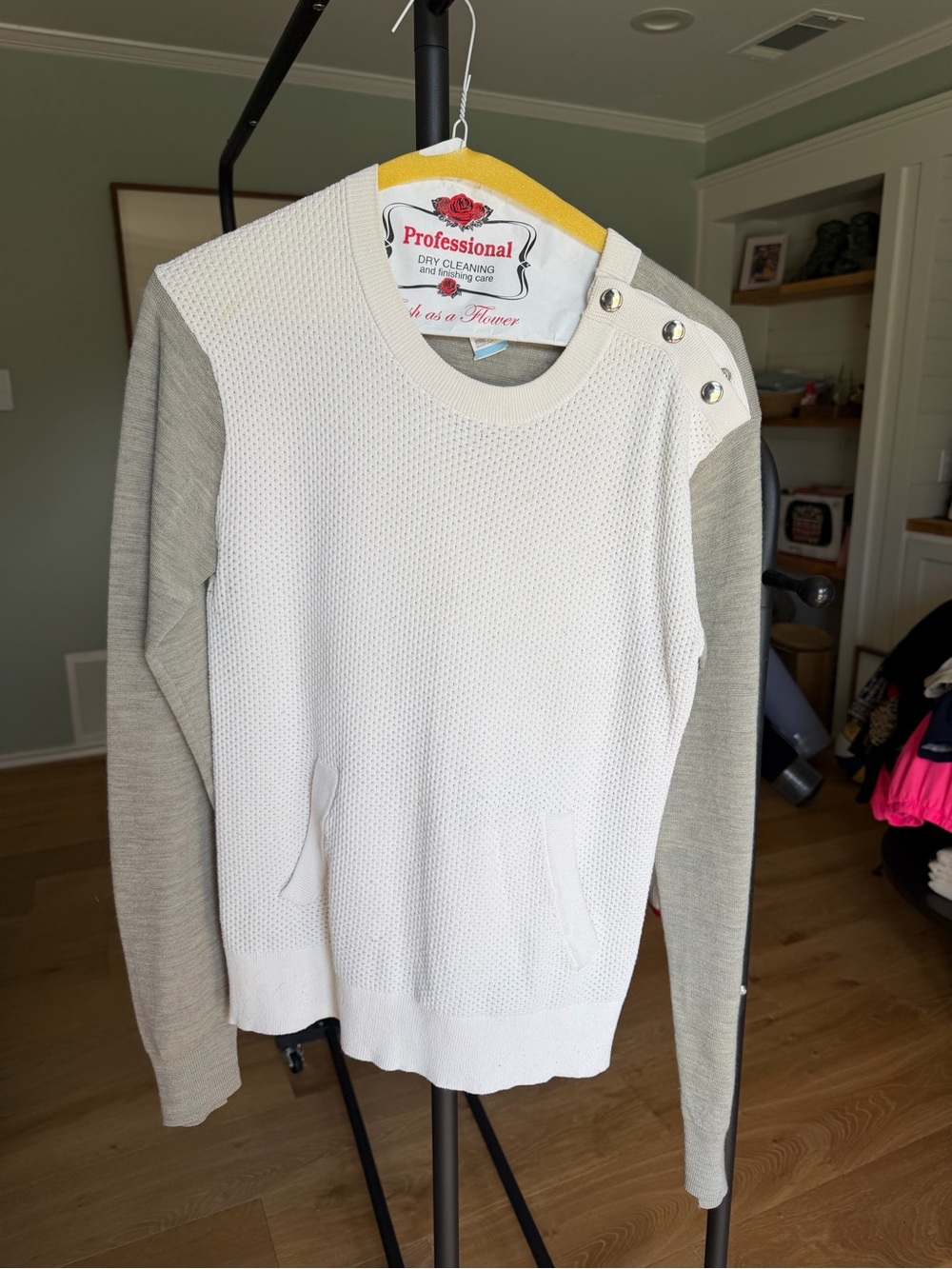 A.L.C. White Front Crewneck Sweater with Light Gray Sleeves & Shoulder Buttons - Picture 1 of 1